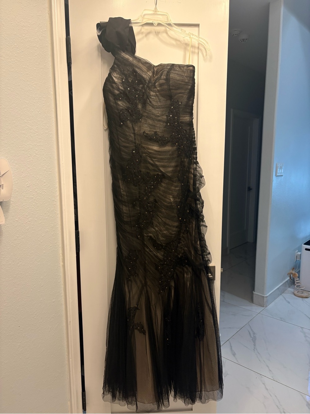 Black One-Shoulder Beaded Evening Gown